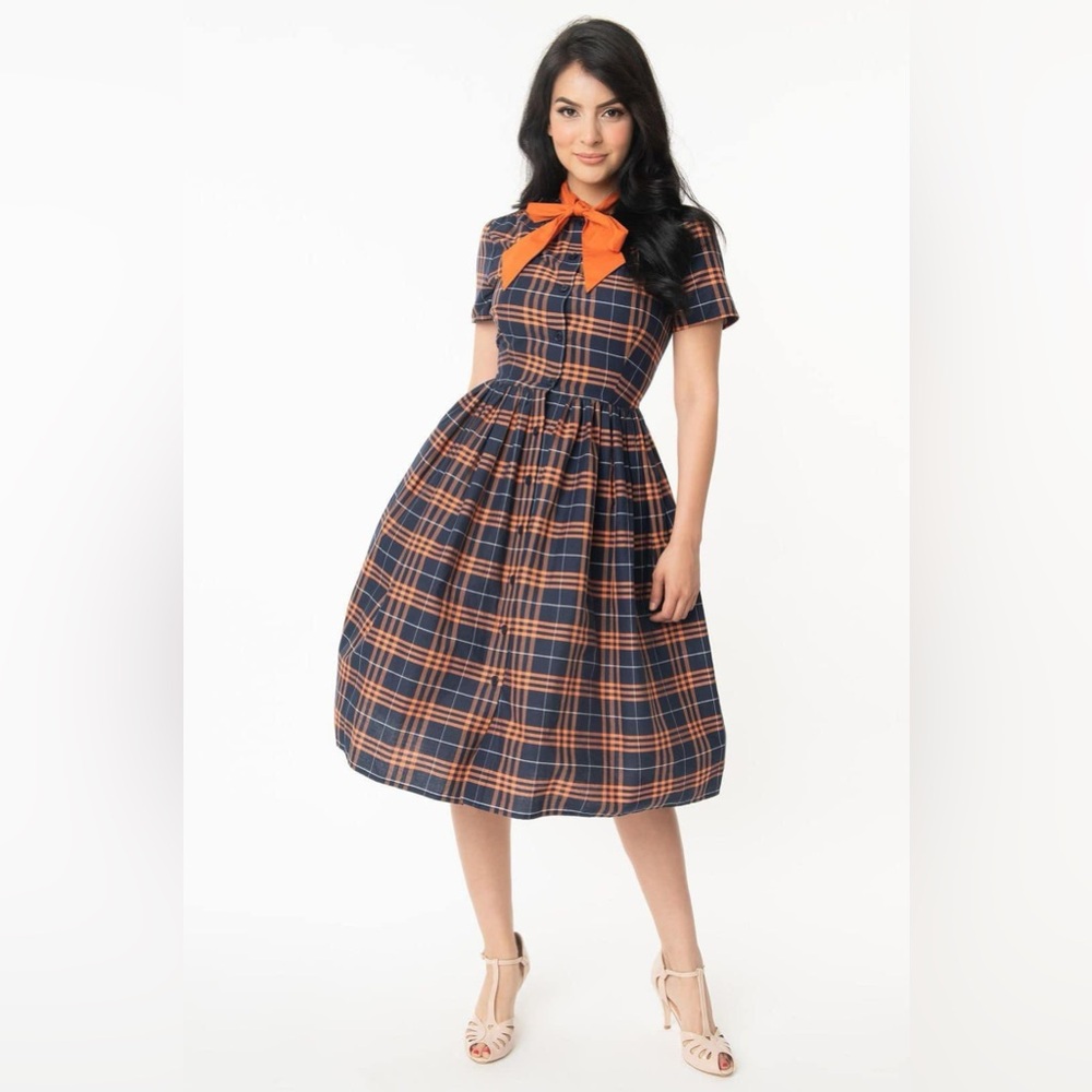 Unique Vintage Cora Swing Dress Orange plaid XL/14